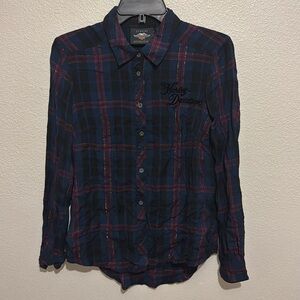 Harley-Davidson Flocked Roses Plaid Button Down Women’s Top